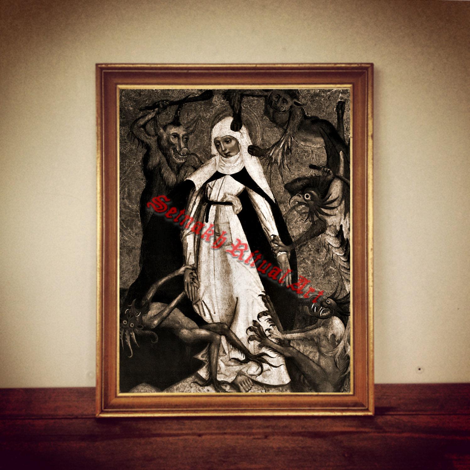 Nun and devils print, medieval illustration, occult poster, medieval decor, vintage home #292