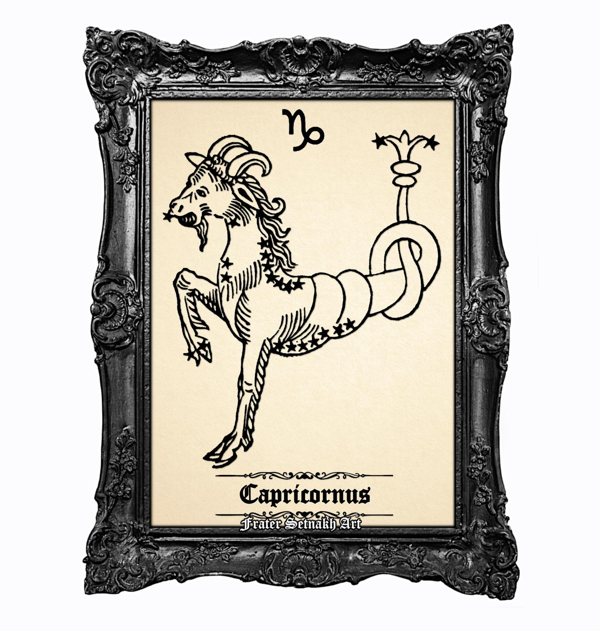 a framed illustration of a stylized depiction of the zodiac sign Capricornus, which is a symbol associated with the astrological sign Capricorn.