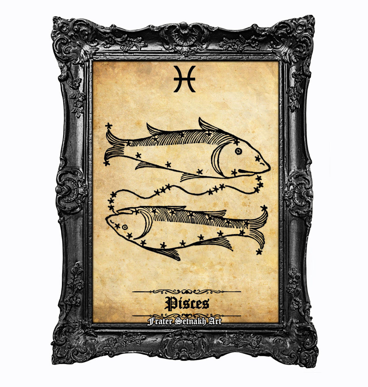 a framed artwork depicting the astrological sign of Pisces, which is a zodiac sign associated with the fish and symbolized by the Pisces symbol.