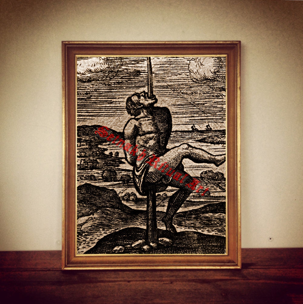 Impalement torture print, medieval illustration, macabre poster, occult woodcut, antique home decor #315