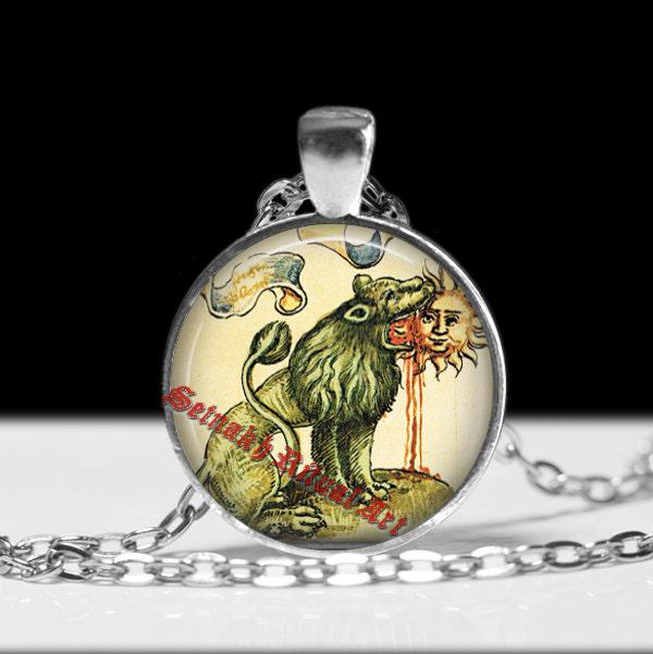 Lion devouring the Sun necklace, medieval illustration, alchemical pendant, witchcraft, magick gift, occult symbol, magic picture #281