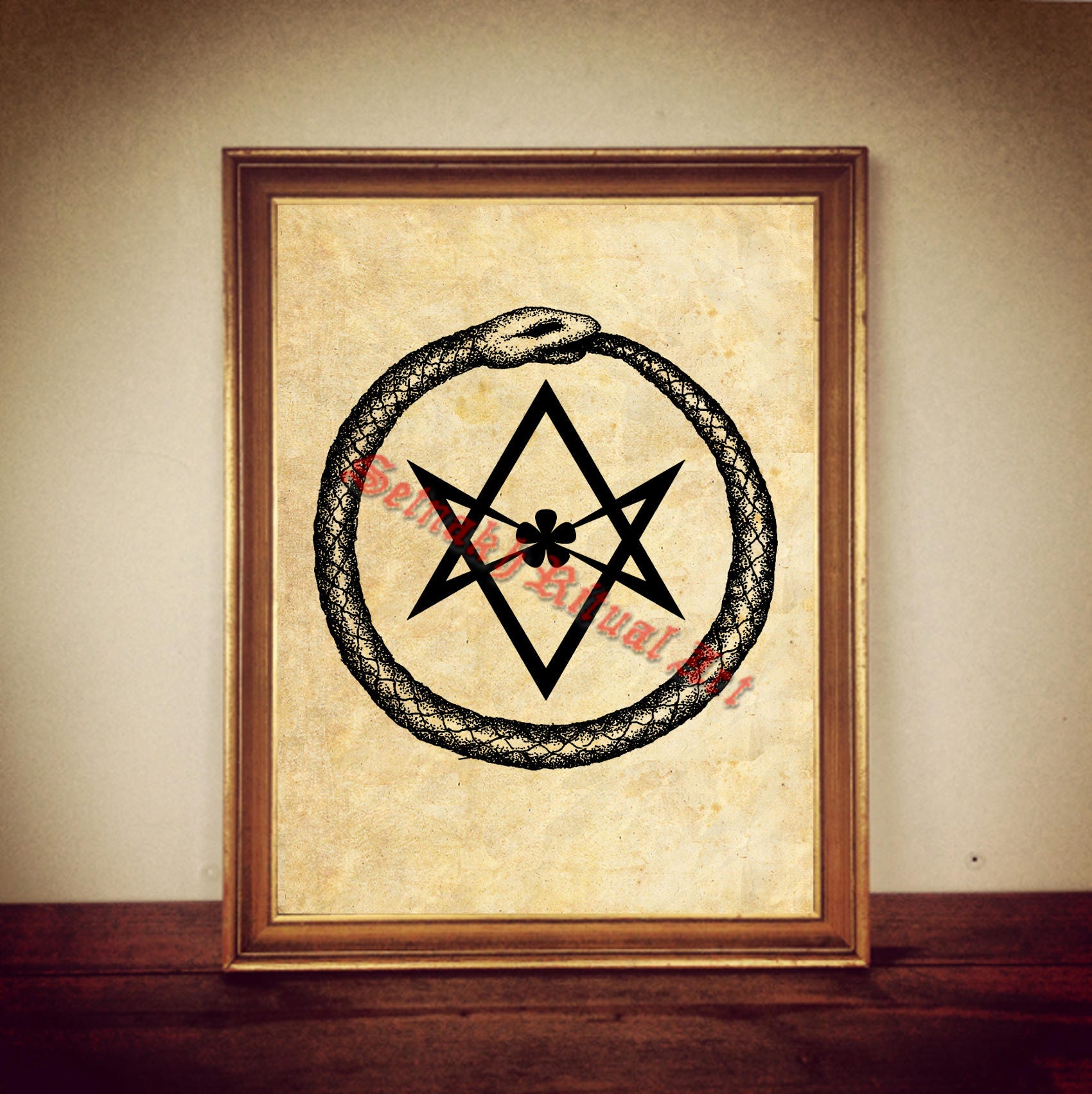 Hexagram and ouroboros snake art print, alchemical, Crowley, Thelema, gnostic poster, occult illustration, magic, vintage home decor #28