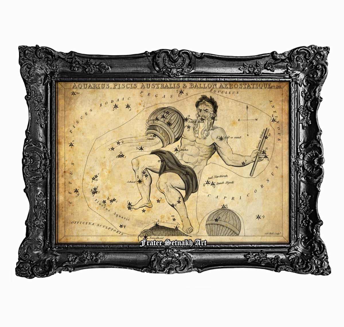 The image is a framed vintage illustration depicting a man holding a large jug, surrounded by stars and celestial bodies.