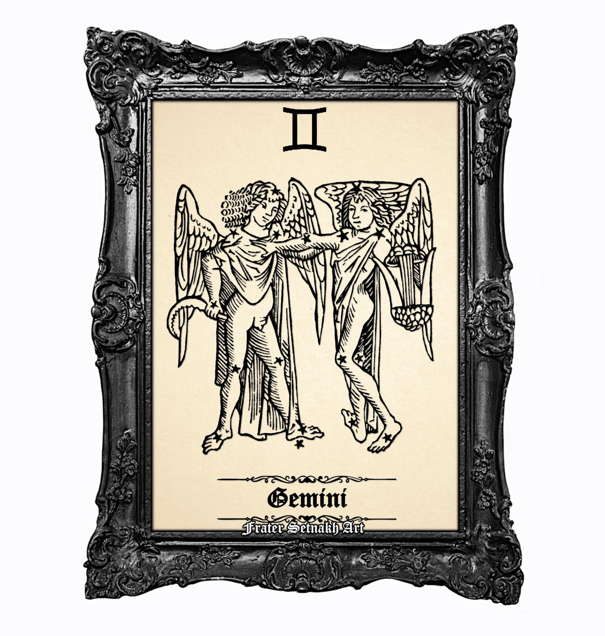 a framed tarot card depicting the Gemini zodiac sign.
