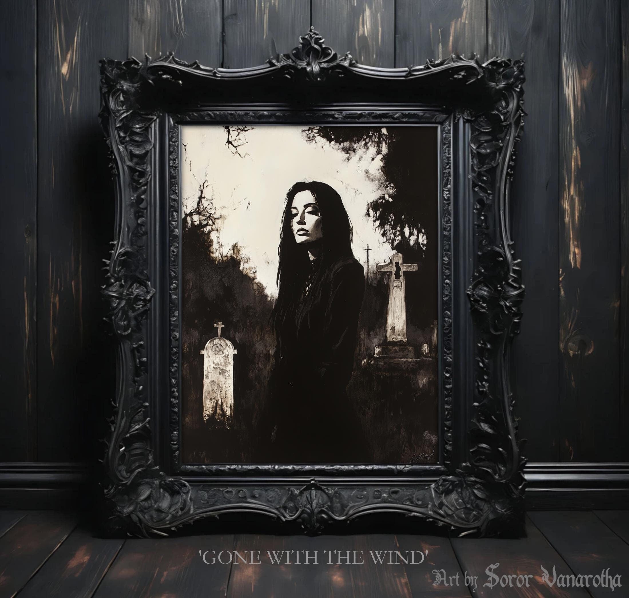 Gone with the Wind Print - Melancholic Woman in Cemetery, Gothic Art Print, Dark Surreal Decor, Vintage Wall Art, Fine Art Print #SV12