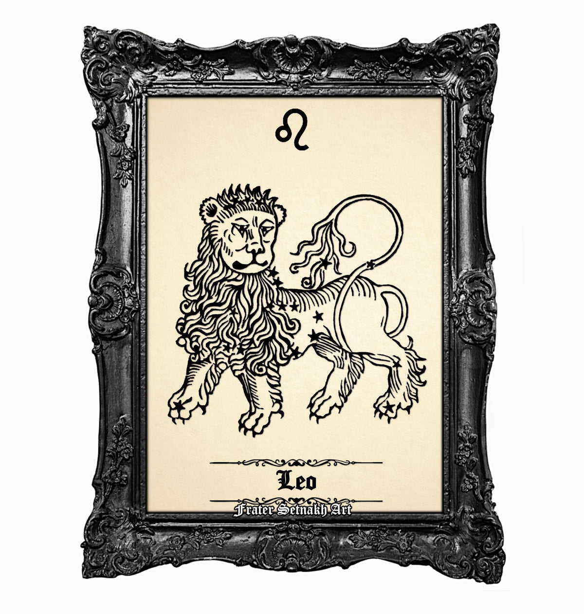 a framed artwork depicting a stylized illustration of a lion, which is the astrological sign for Leo.