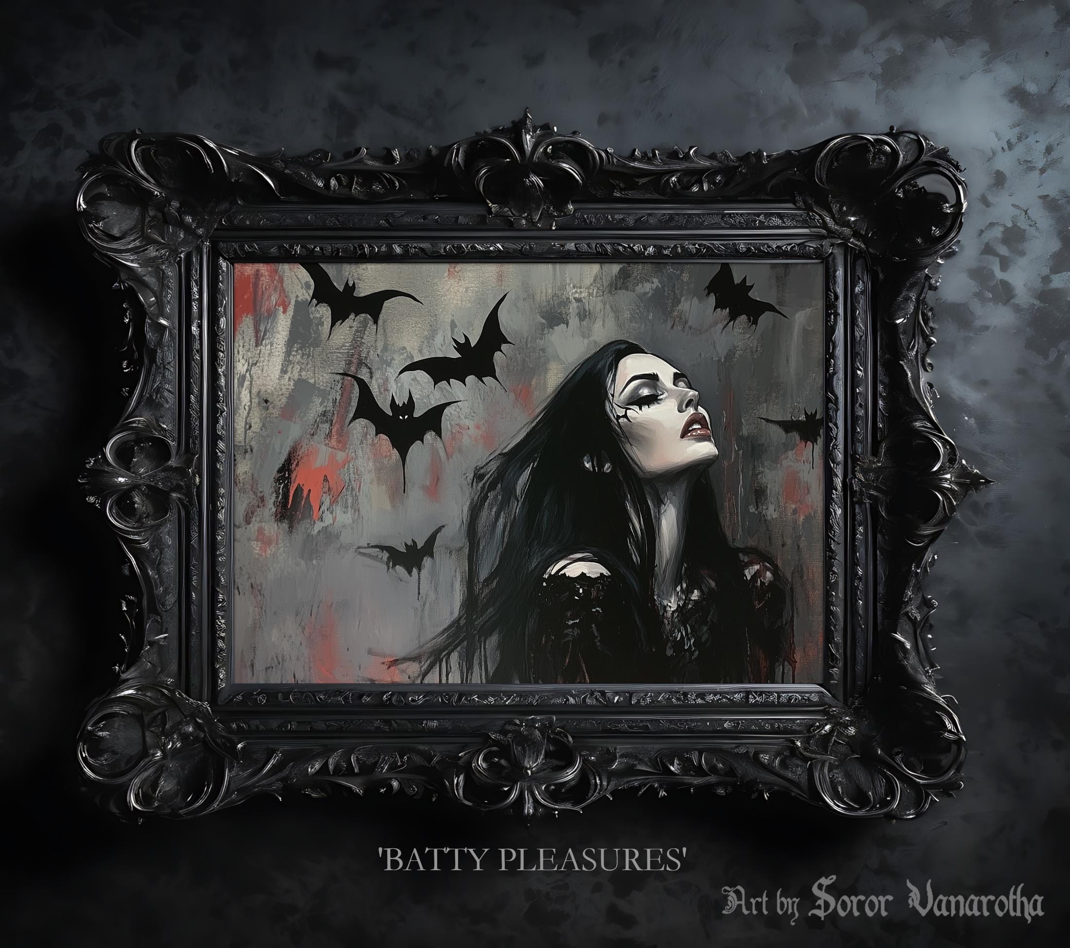 Batty Pleasures Art Print - Woman Surrounded by Bats, Dark Gothic Art, Surreal Wall Decor, Mysterious Fine Art Print, Spooky Art SV17