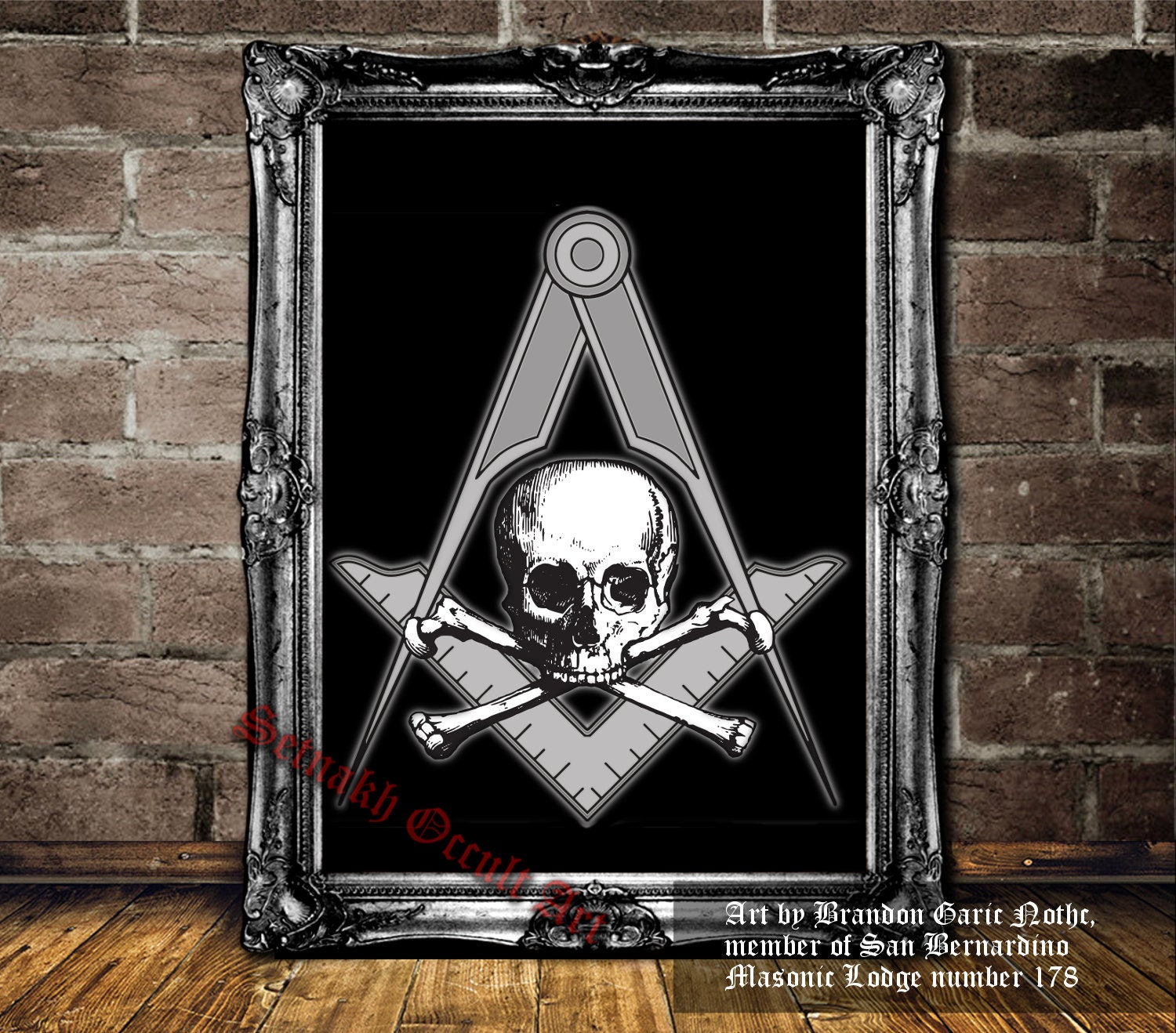 Skull and Bones, Masonic Square and Compass print, Freemasonry symbolism, antique print, Freemasons, occult art   #MS4