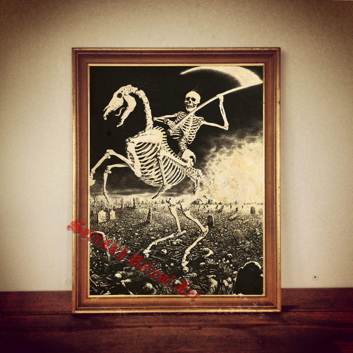 Death Riding a Skeletal Horse Print – Antique Occult Illustration, Memento Mori Art, Gothic Wall Decor, Vintage Macabre Poster, Skeleton Reaper, Dark Esoteric Print #55