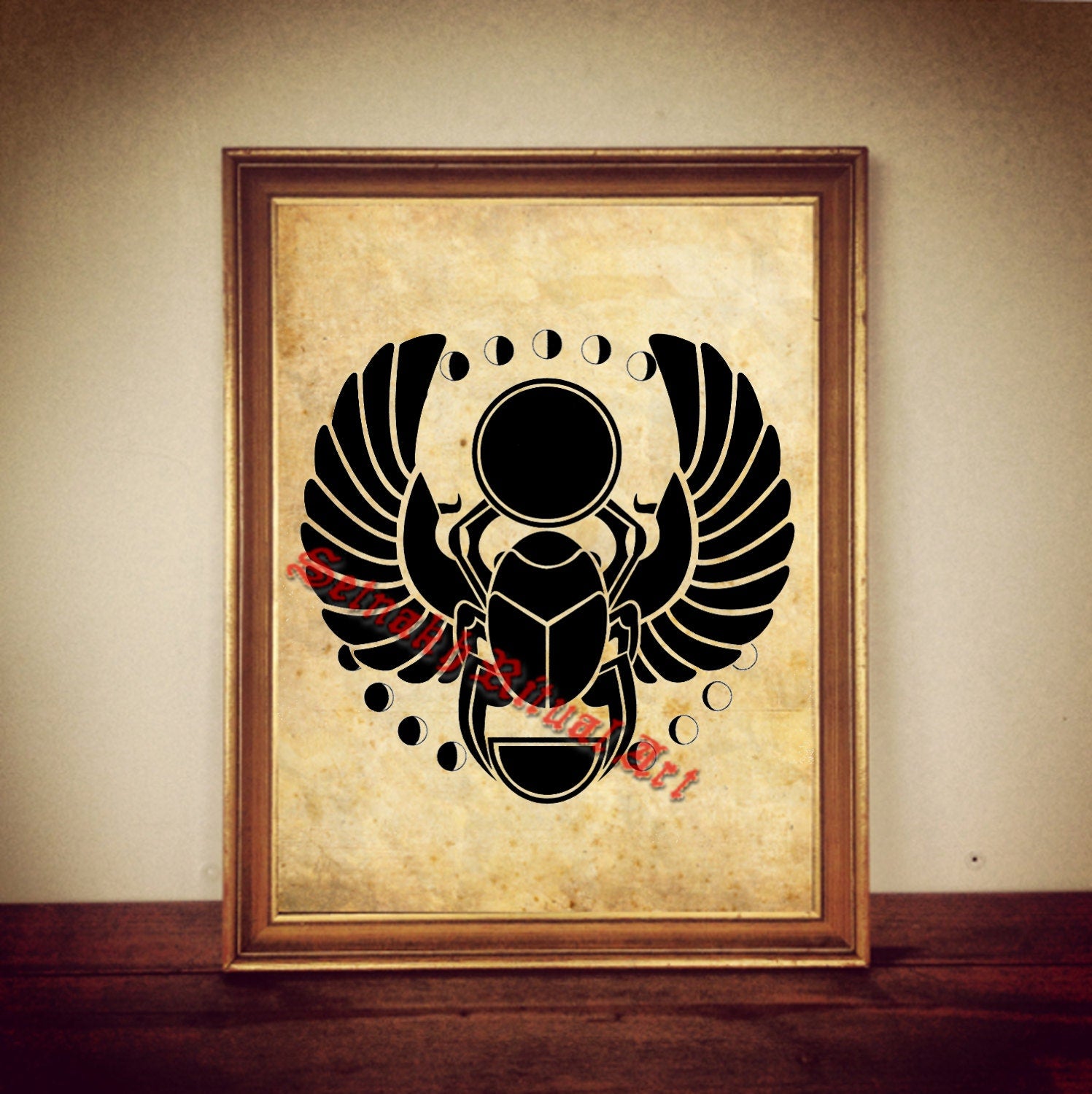 Sacred scarab print, ancient beetle and moon phases illustration, egyptian poster | occult print, antique rustic vintage home decor 158