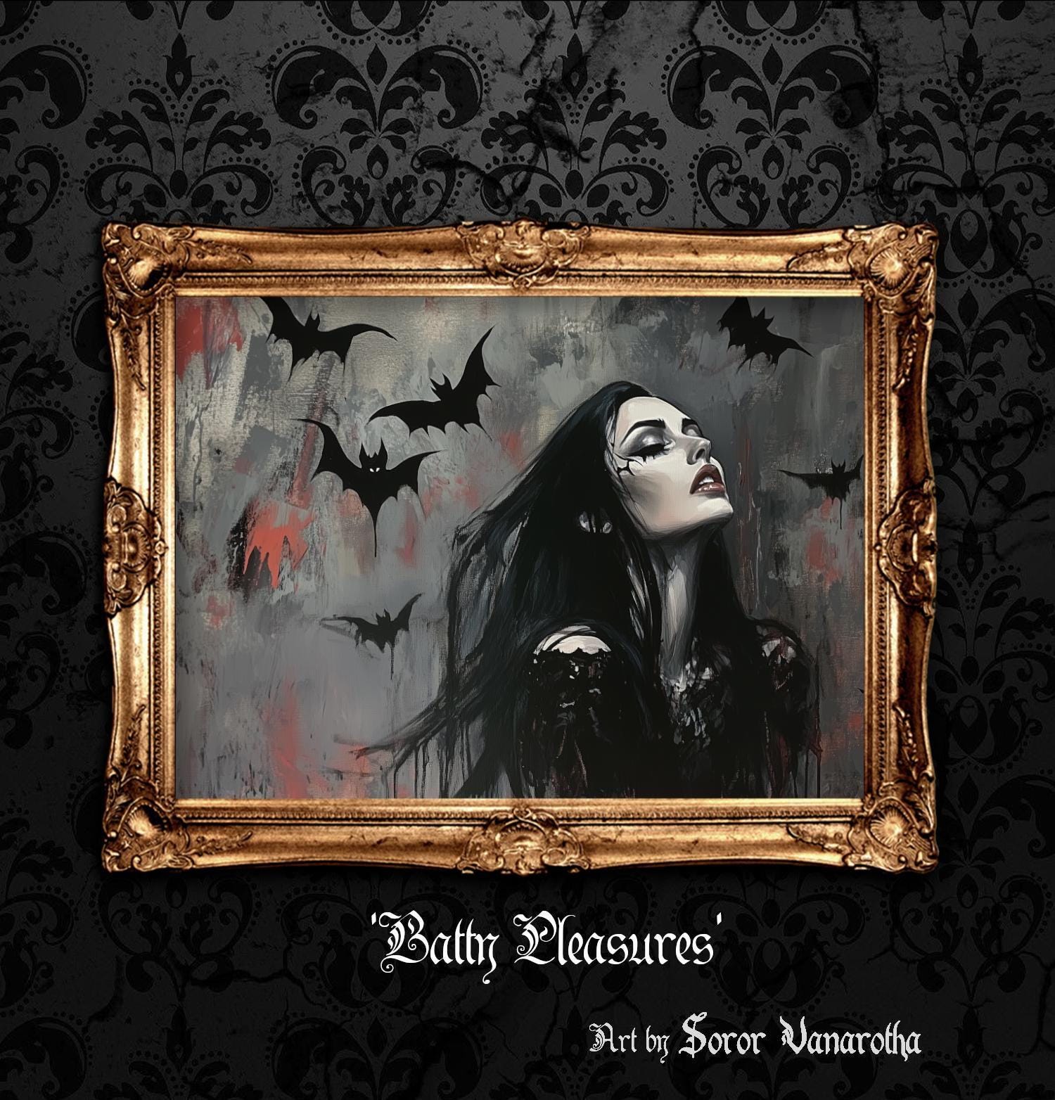 Batty Pleasures Art Print - Woman Surrounded by Bats, Dark Gothic Art, Surreal Wall Decor, Mysterious Fine Art Print, Spooky Art SV17