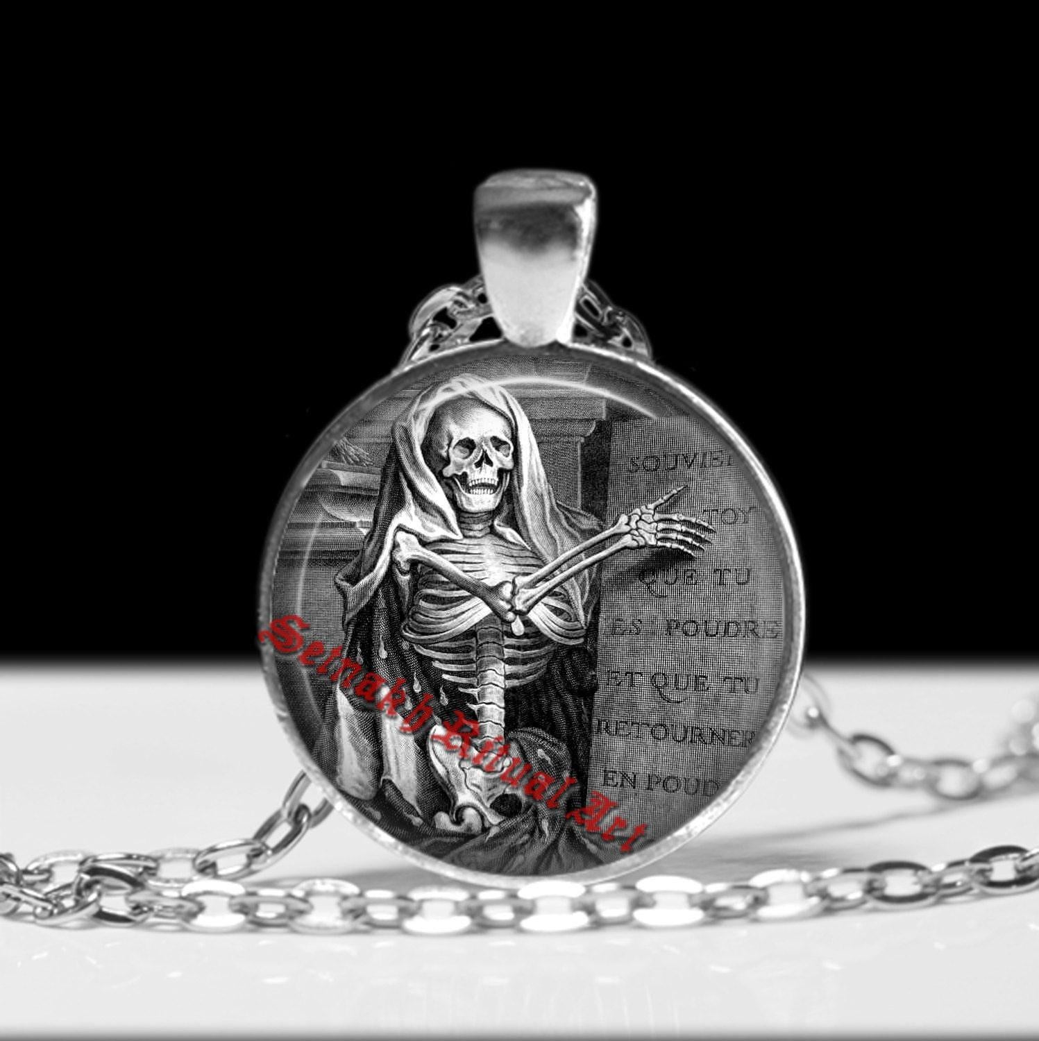 Memento Mori pendant, occult jewelry, Santa Muerte necklace, gothic fashion accessories, medieval illustration, death, skull jewelry #13