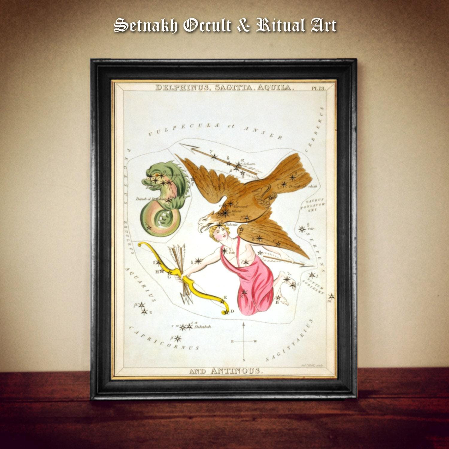 Delphinus, Sagitta, Aquila and Antinous print, Star Constellations art, Zodiac, fantasy art, antiqued poster, celestial home decor #CE3.2