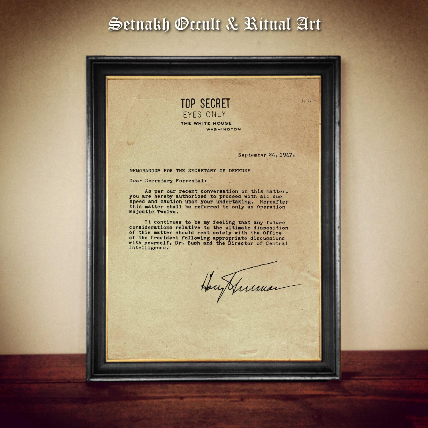 Truman-Forestal Memo, 1947 Top Secret UFO document, vintage ufology print, UFO aircraft poster, Alien art print, poster #UF8