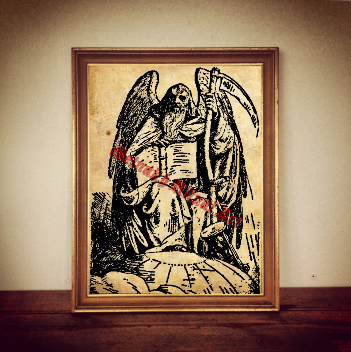 Father Time print, magic illustration, fairytale poster, fantasy art, wings, clock, scythe, masonic symbol, esoteric picture, magic art #283