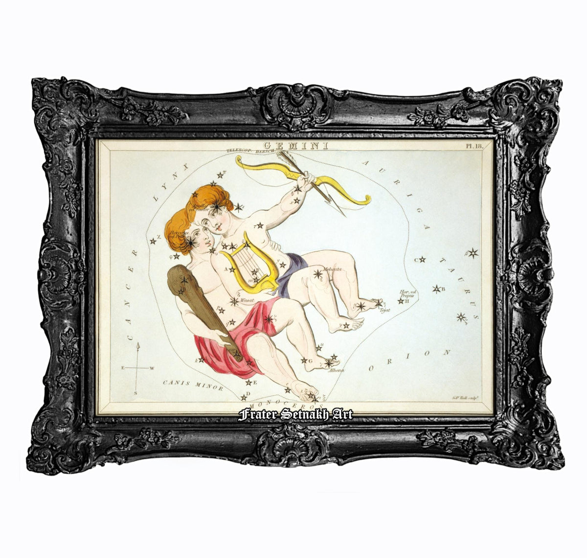 The image is a framed illustration depicting two figures, possibly cherubs or cherubs with musical instruments, set against a starry night sky background.