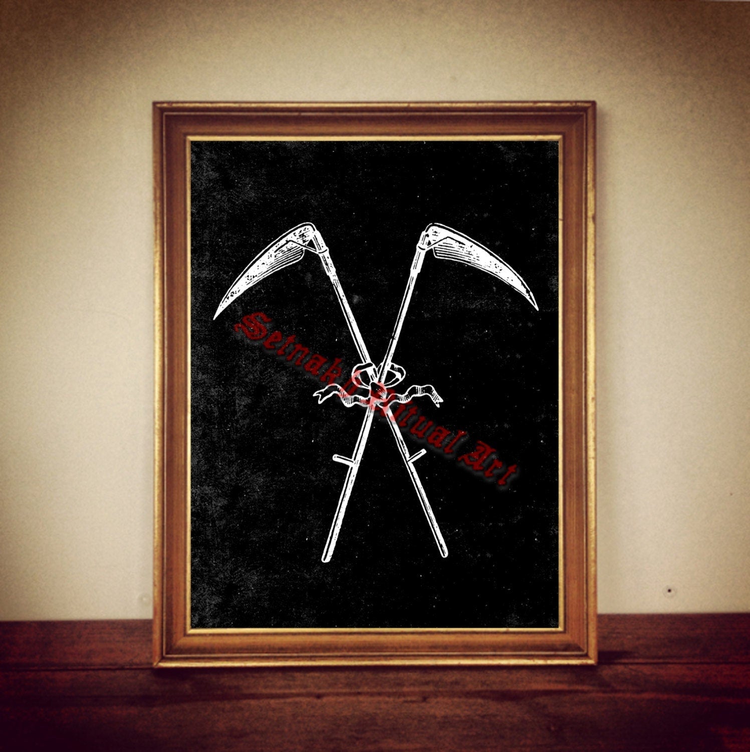 Crossed scythes, Death Reaper, antiqued print, Occult, altar decor, Voodoo print, magic poster, gothic art  #443