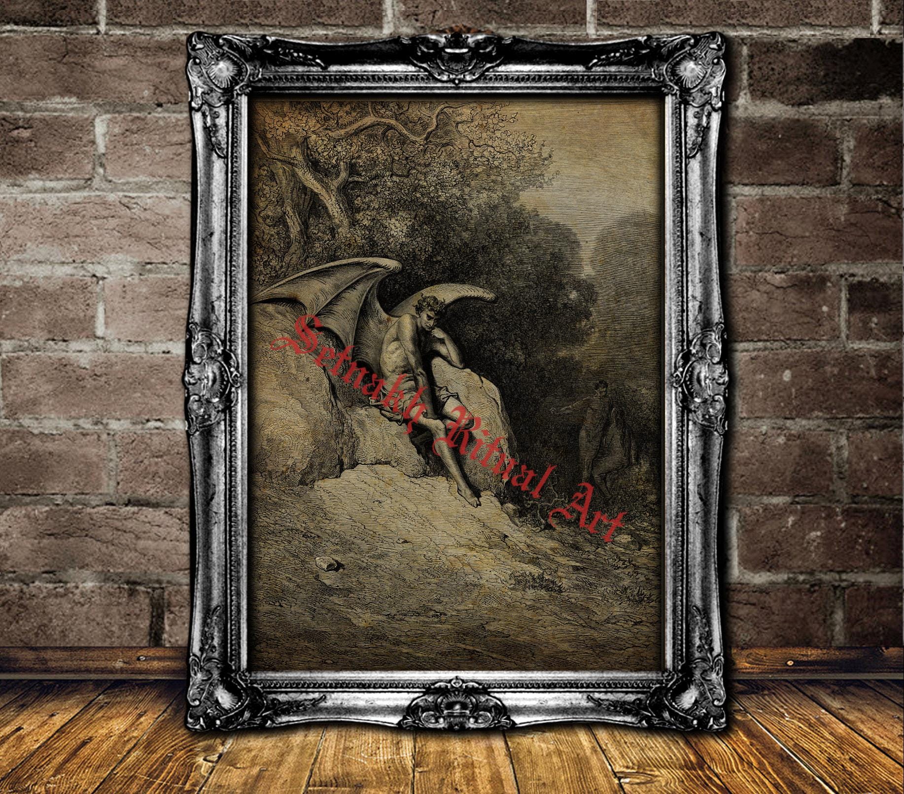 Lucifer the Fallen Angel print, Gustav Dore, Satan in Eden poster, occult, satanic design, Luciferian path, left hand path, altar paint #107