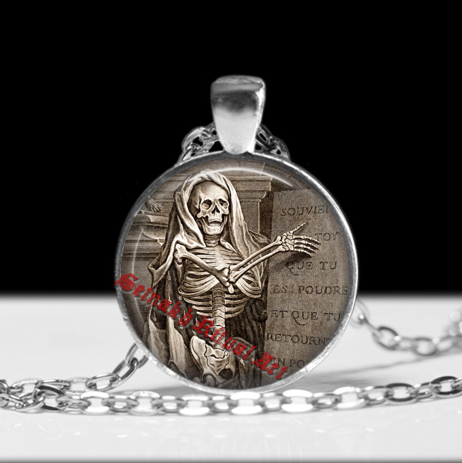 Memento Mori pendant, occult jewelry, Santa Muerte necklace, gothic fashion accessories, medieval illustration, death, skull jewelry #13