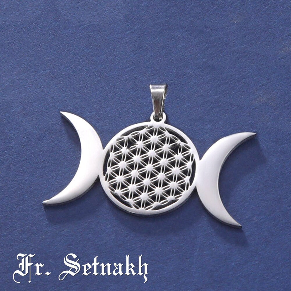 Triple Goddess Hecate & Flower of Life stainless steel pendant, the Goddess of Magic, Witchcraft, Night, Moon, wicca jewelry #SS1