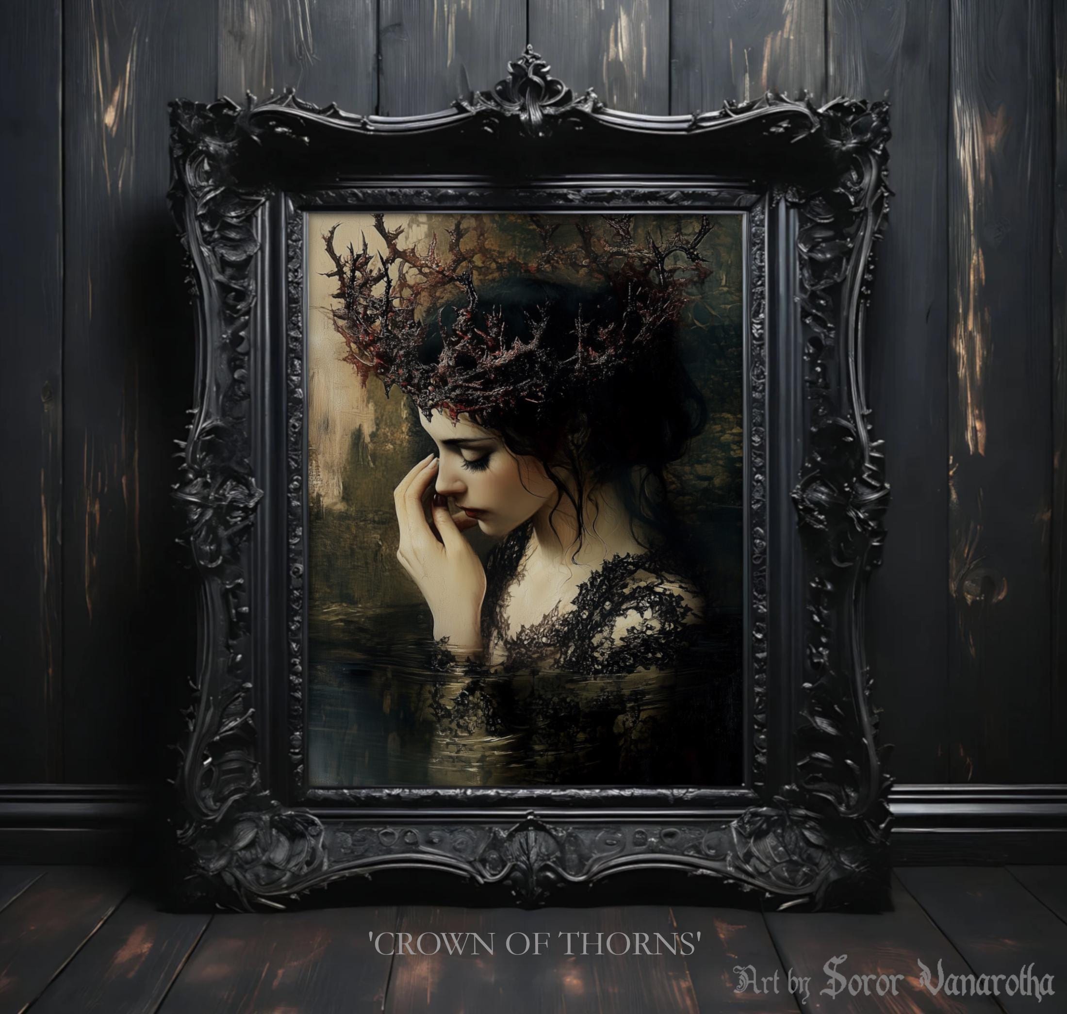 Crown of Thorns Art Print - Gothic Portrait of Woman in Thorn Crown, Dark Religious Symbolism, Emotional Wall Decor, Gothic Art #SV6