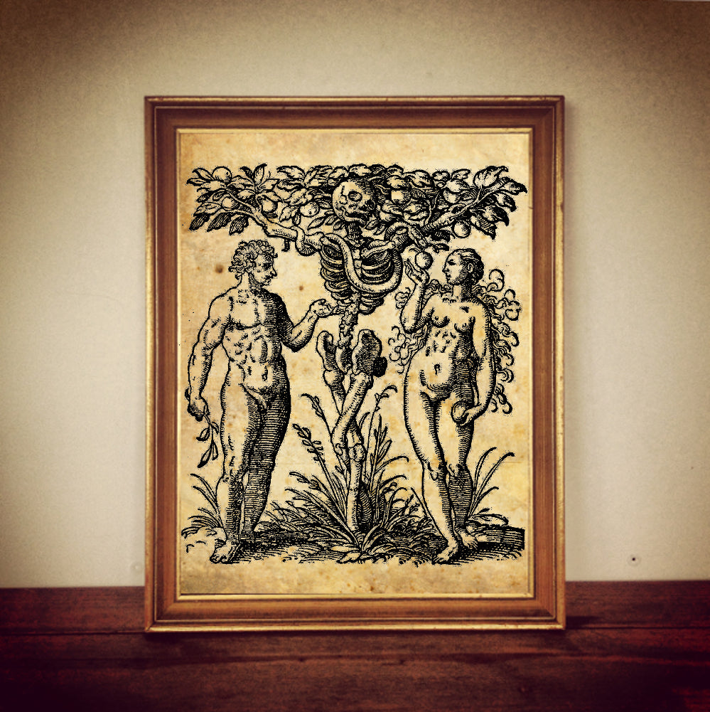 Adam and Eve at the Tree of Knowledge and Death – Jost Amman, 1587 | Antique Biblical Print, Occult Illustration, Religious Engraving, Esoteric Poster, Mystical Home Decor #77