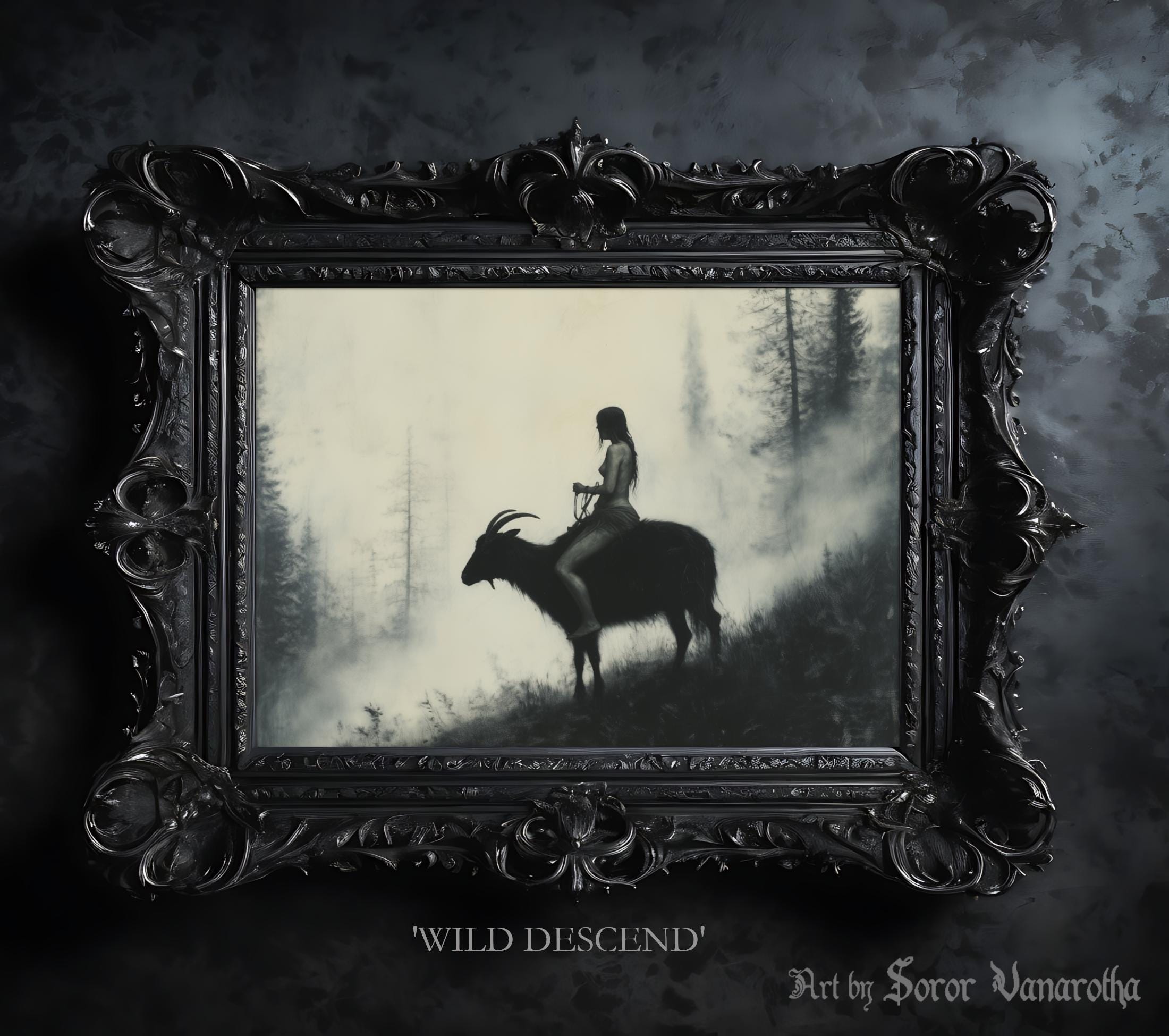 Wild Descend Art Print - Witch Riding Black Goat in Mountains, Dark Fantasy Wall Art, Surreal Gothic Decor, Fine Art Print, witchcraft #SV13