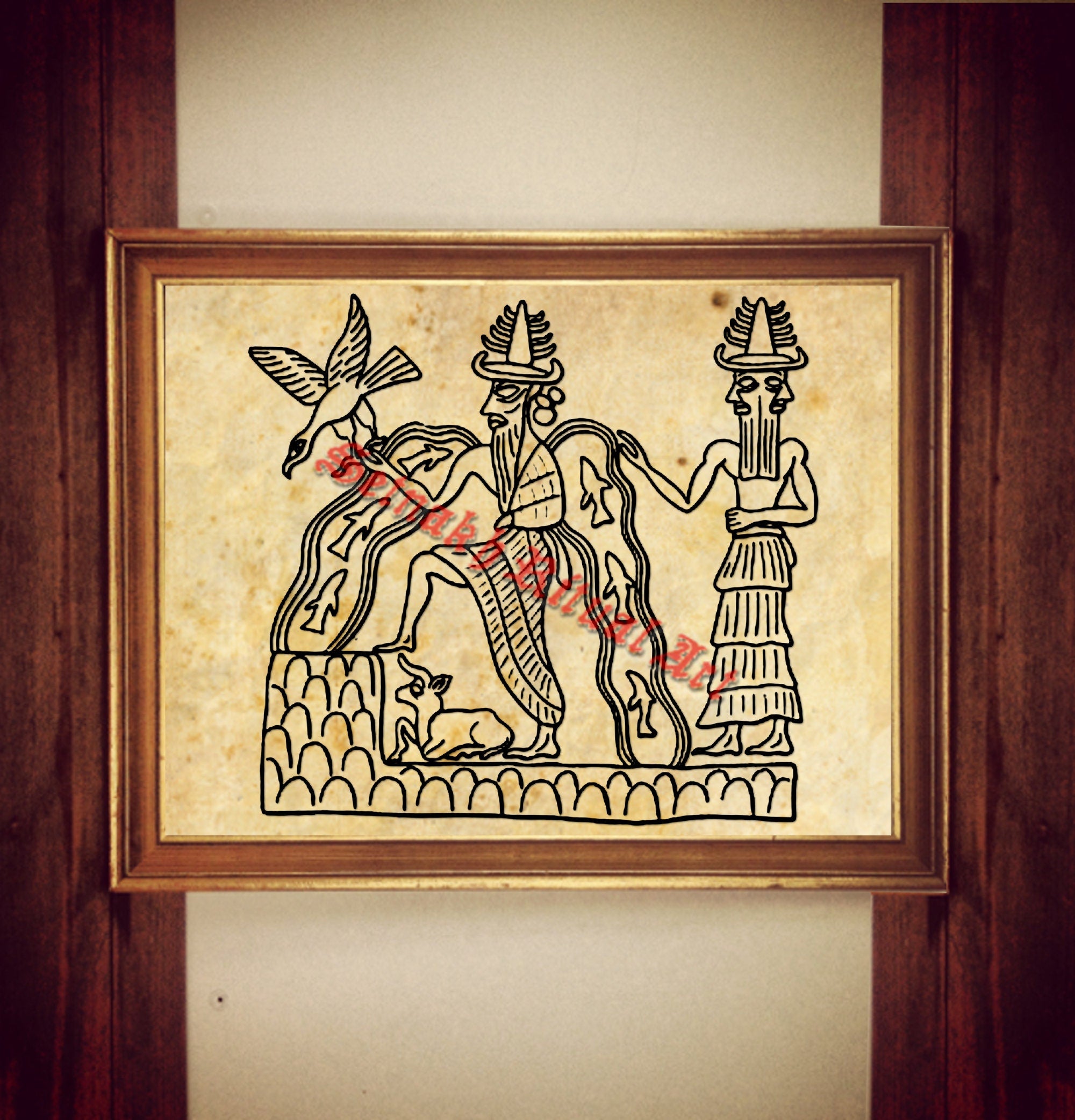 Ea - Enki and Usmu print, Sumerian gods poster, Babylonian art, ancient aliens, Annunaki mythology, Zecharia Sitchin, Nibiru deities #518.3