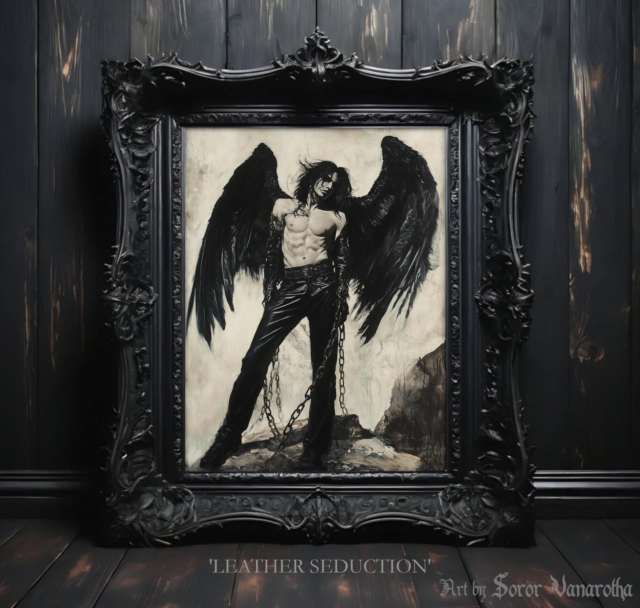 Leather Seduction Art Print - Dark Fallen Angel in Leather Trousers, Gothic Erotic Decor, Mysterious Fantasy Wall Art #SV11