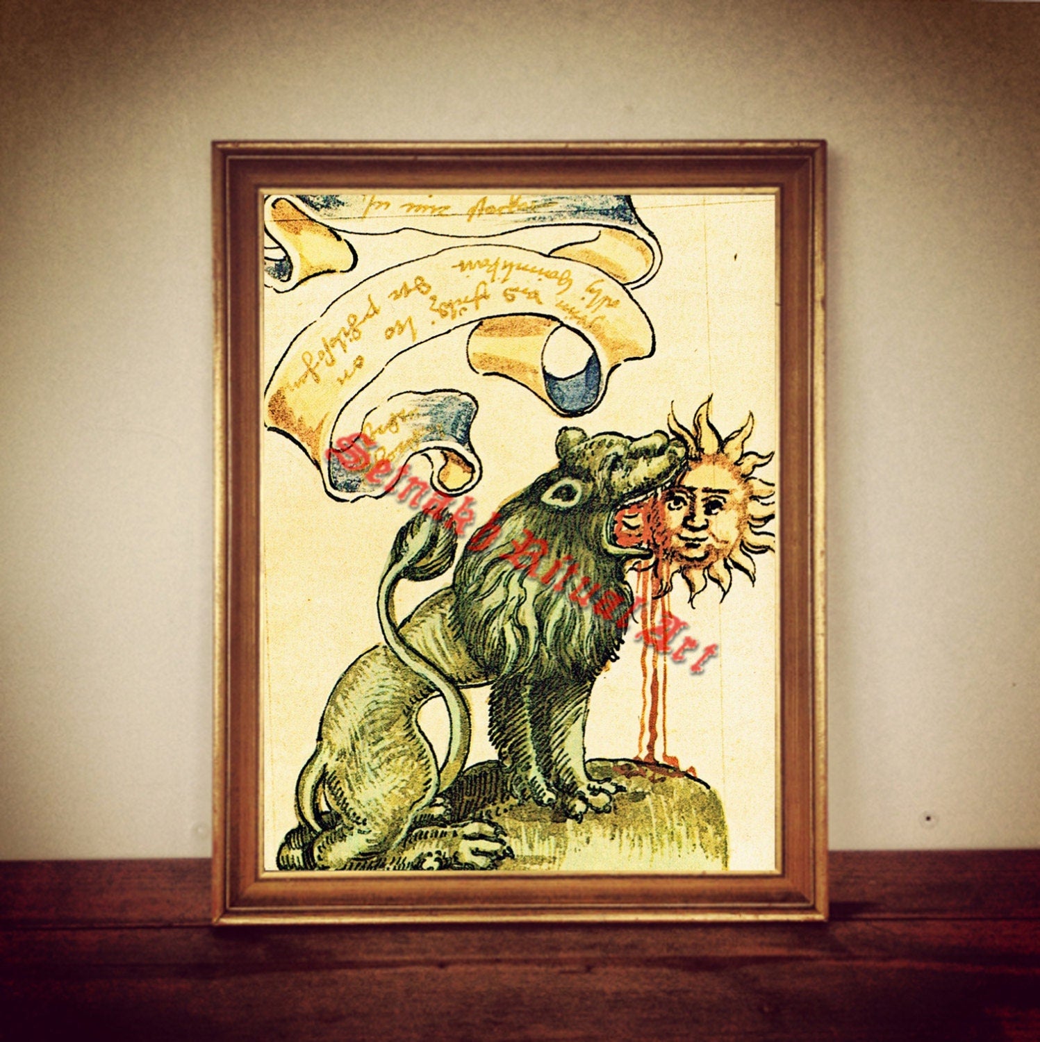 Lion devouring the Sun print, medieval illustration, alchemical poster, witchcraft, magick, alchemy, gift, occult symbol, magic picture #281