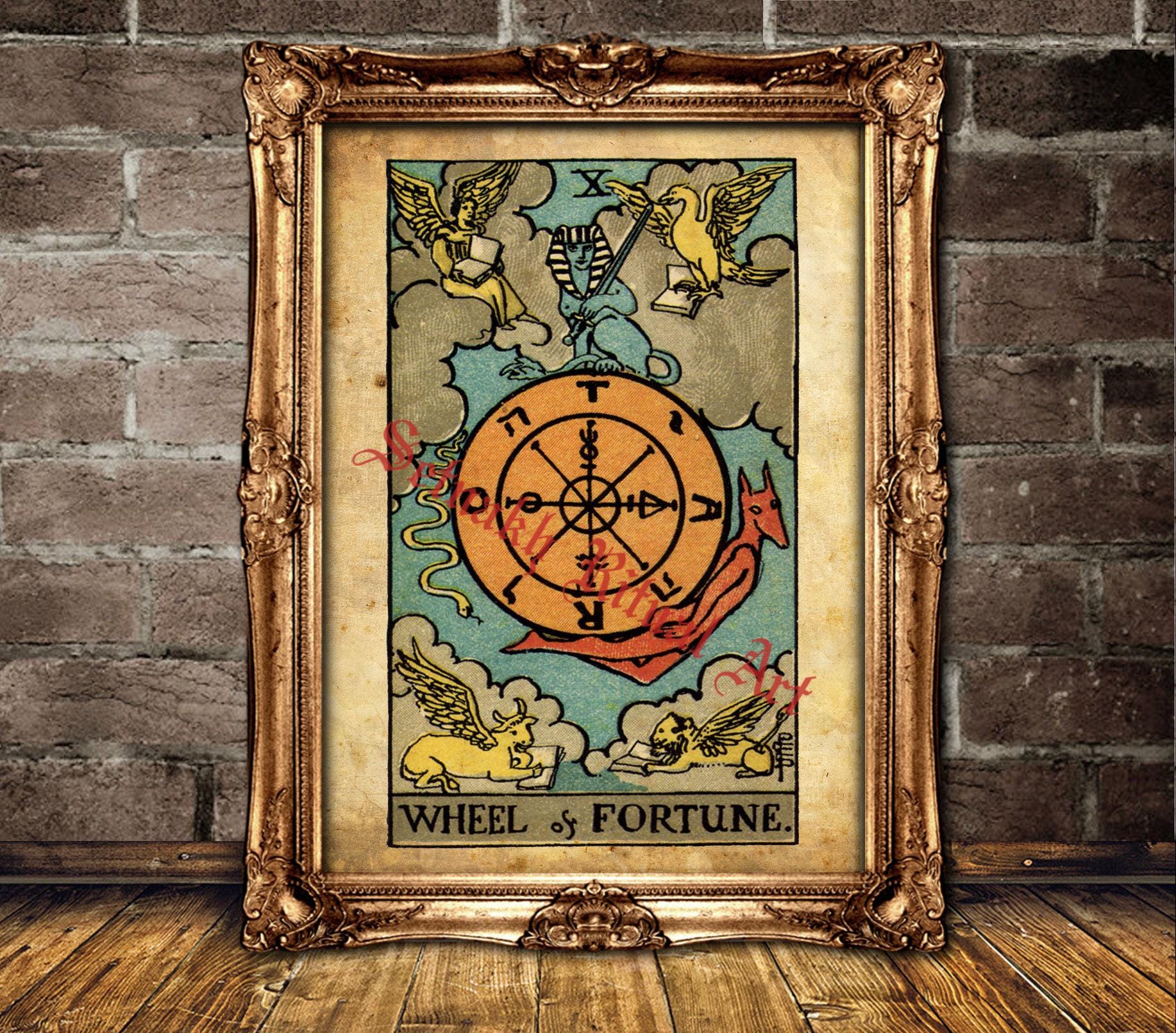 The Wheel of Fortune Tarot print, Good luck, karma, life cycles, destiny, a turning point, Tarot card poster, occult art #396.10