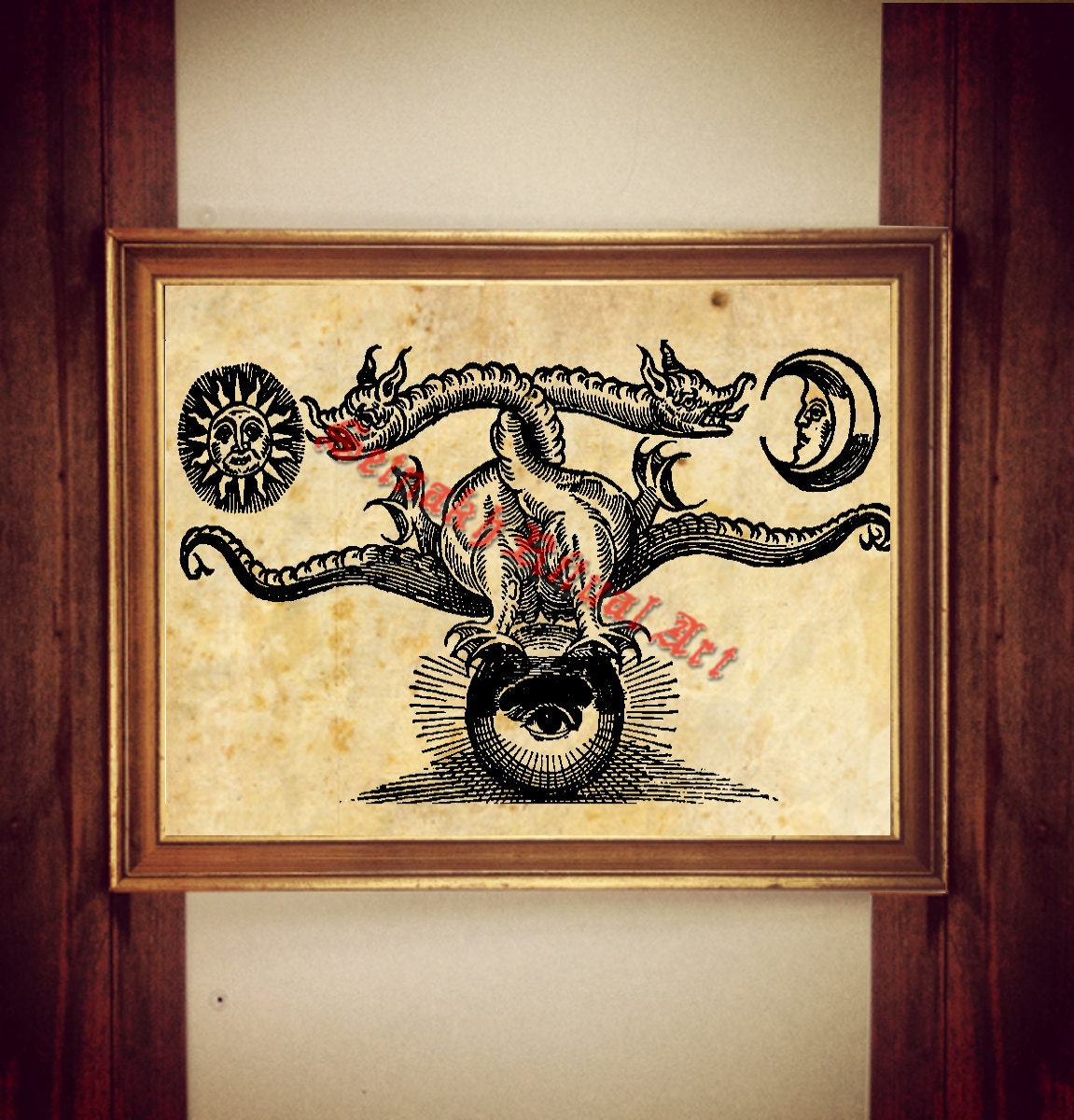 Double headed dragon print, alchemical illustration, occult poster, Moon and Sun print, antique, astronomical home decor, witchcraft #285