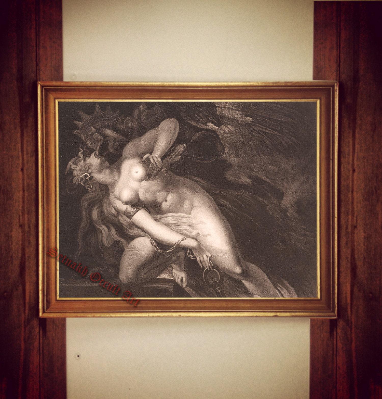 Sin Pursued by Death print, occult poster, satanic illustration, snakes, naked woman, antiqued art, magic, gothic, esoteric, home decor #D1