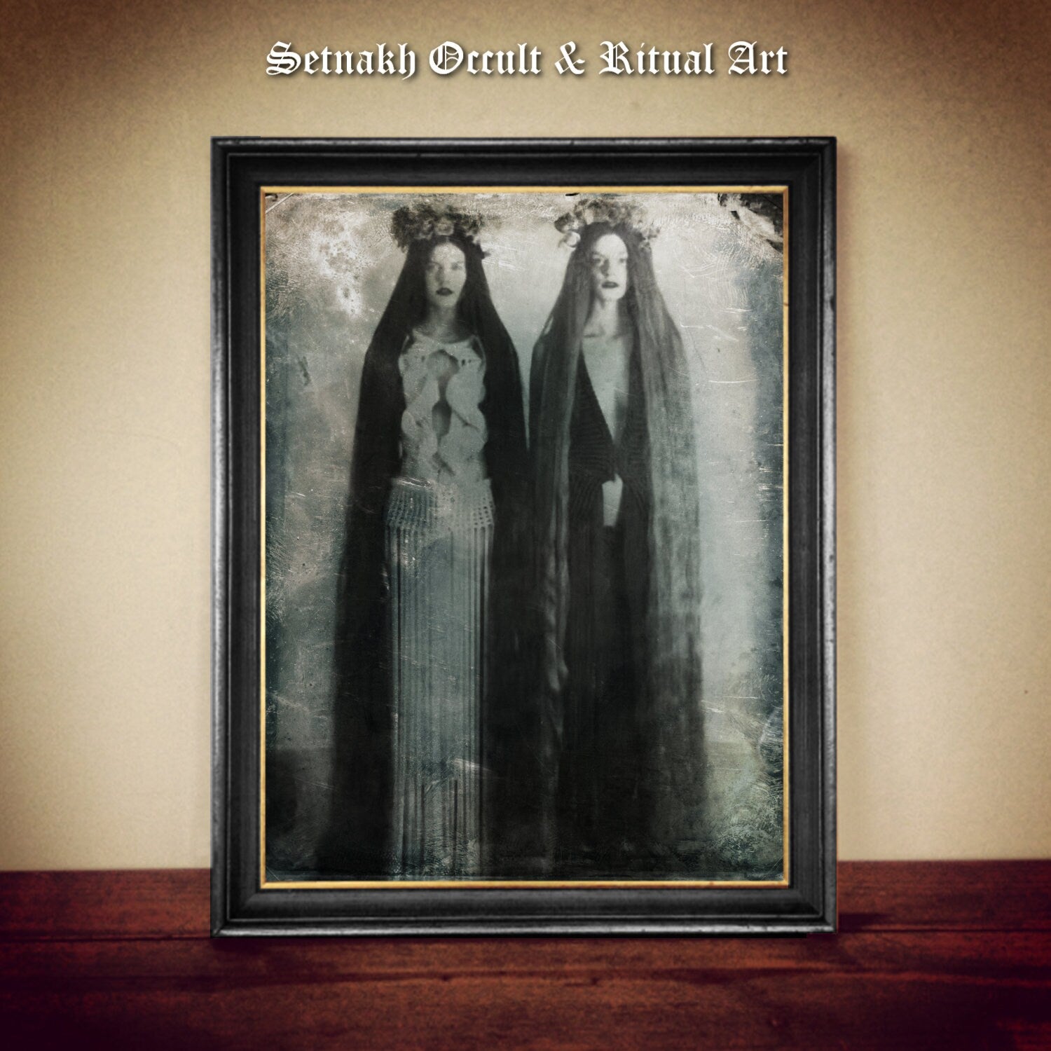 Two long-haired witches print, sisters – vintage daguerreotype photo, Old photography, dark art, esoteric home decor, witchcraft #VIC13