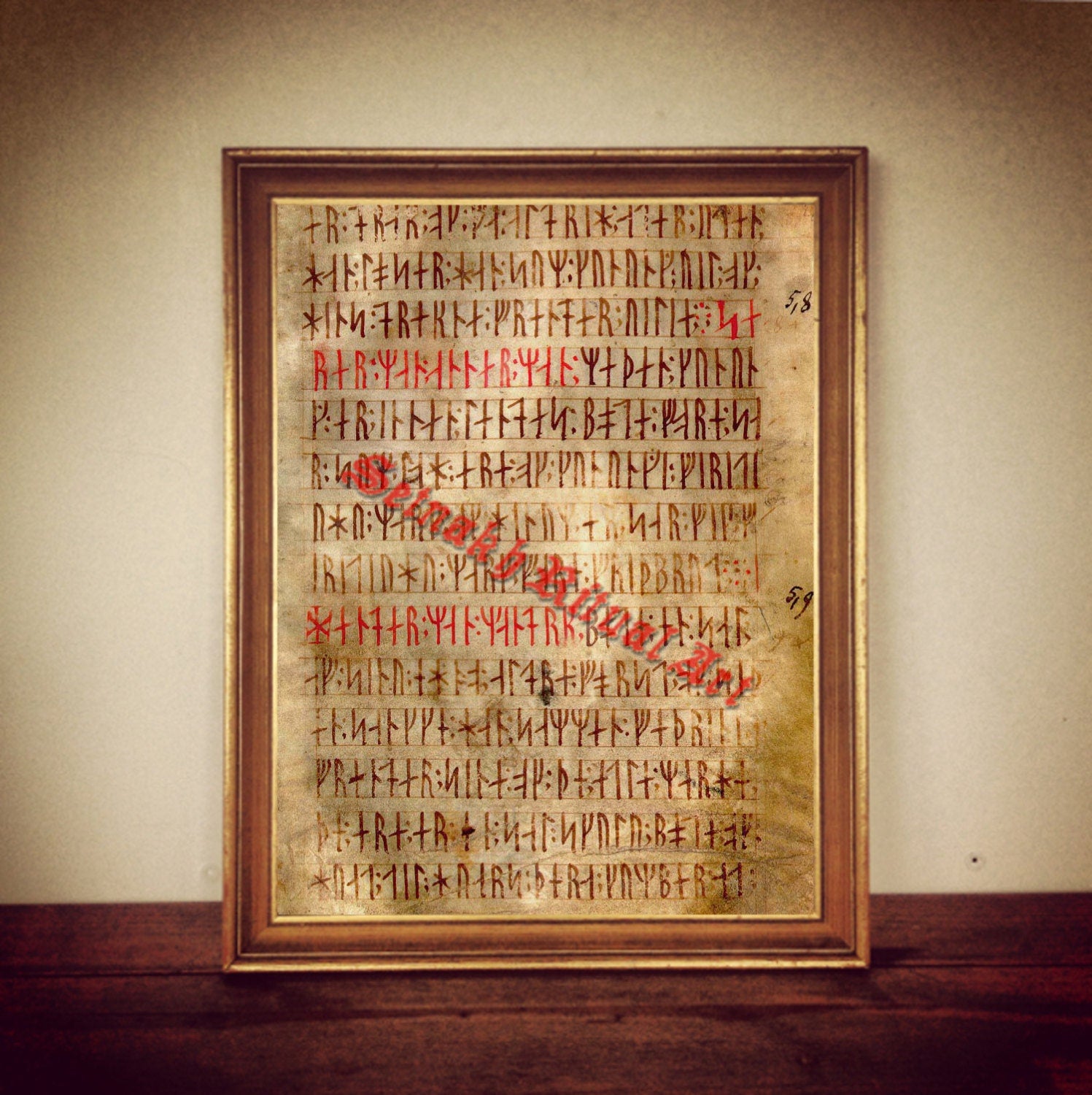 Codex Runicus print, antique runes illustration, medieval runes poster, occult decor, rustic home decor #339