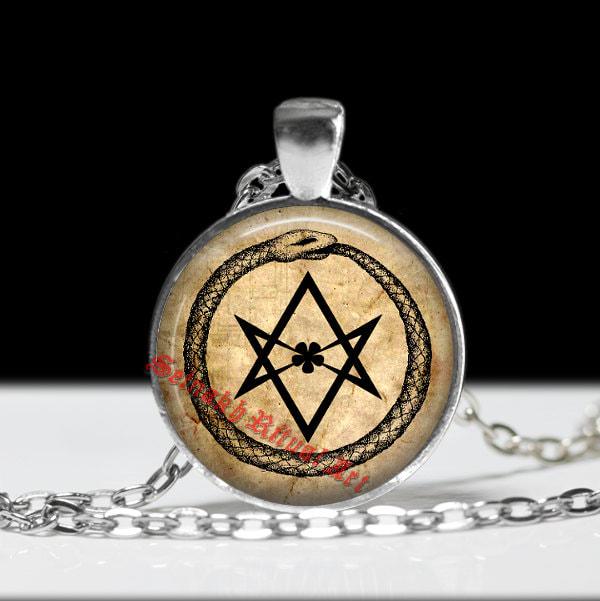 Ouroboros pendant, hexagram amulet, 93, Thelema, snake necklace, occult, magic, alchemy jewellery, Crowley talisman, parchment style #28