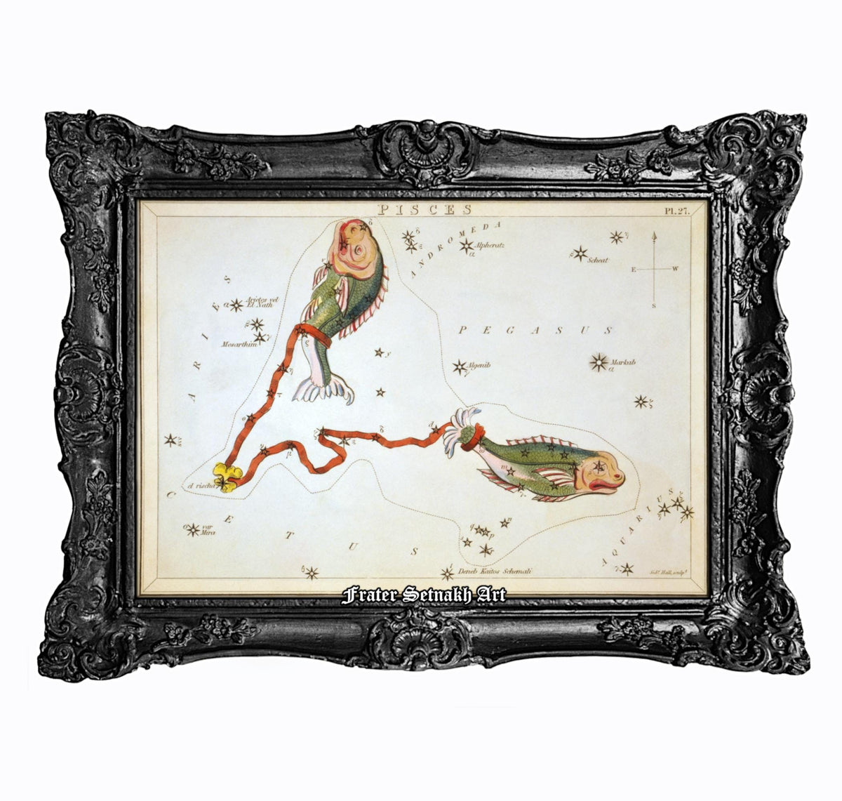 The image is a framed vintage astrological chart depicting the constellations of the zodiac.