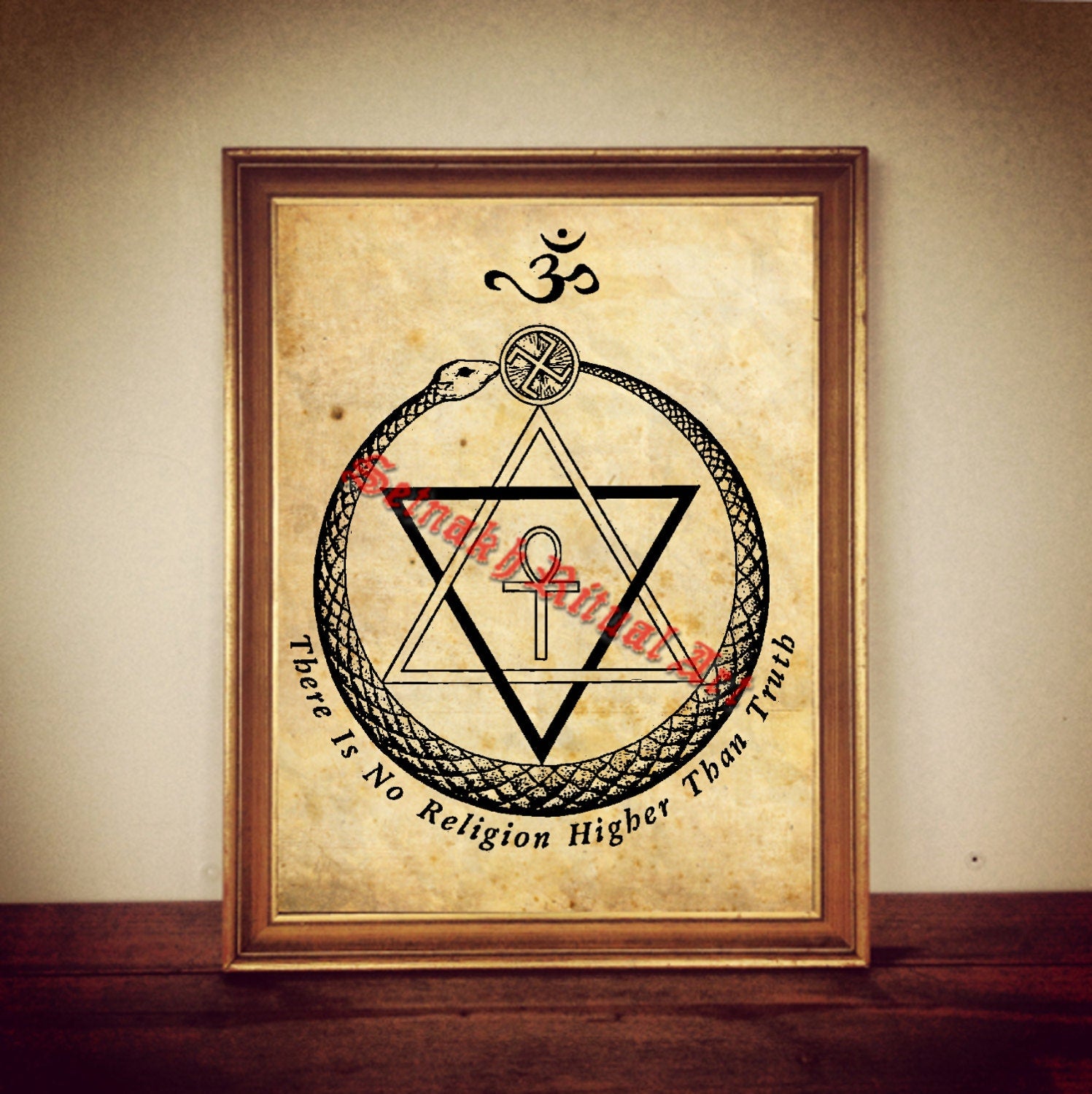 The seal of the Theosophical Society print, occult poster, magic illustration, star of David art, ouroboros OM, ankh, occult wall decor #268