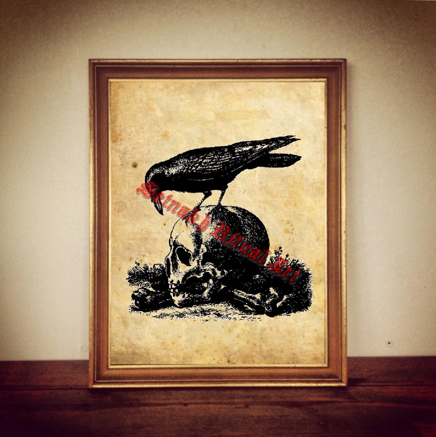Raven and skull print, occult illustration, gothic poster, macabre decor, halloween, dark style interior, victorian home #A6