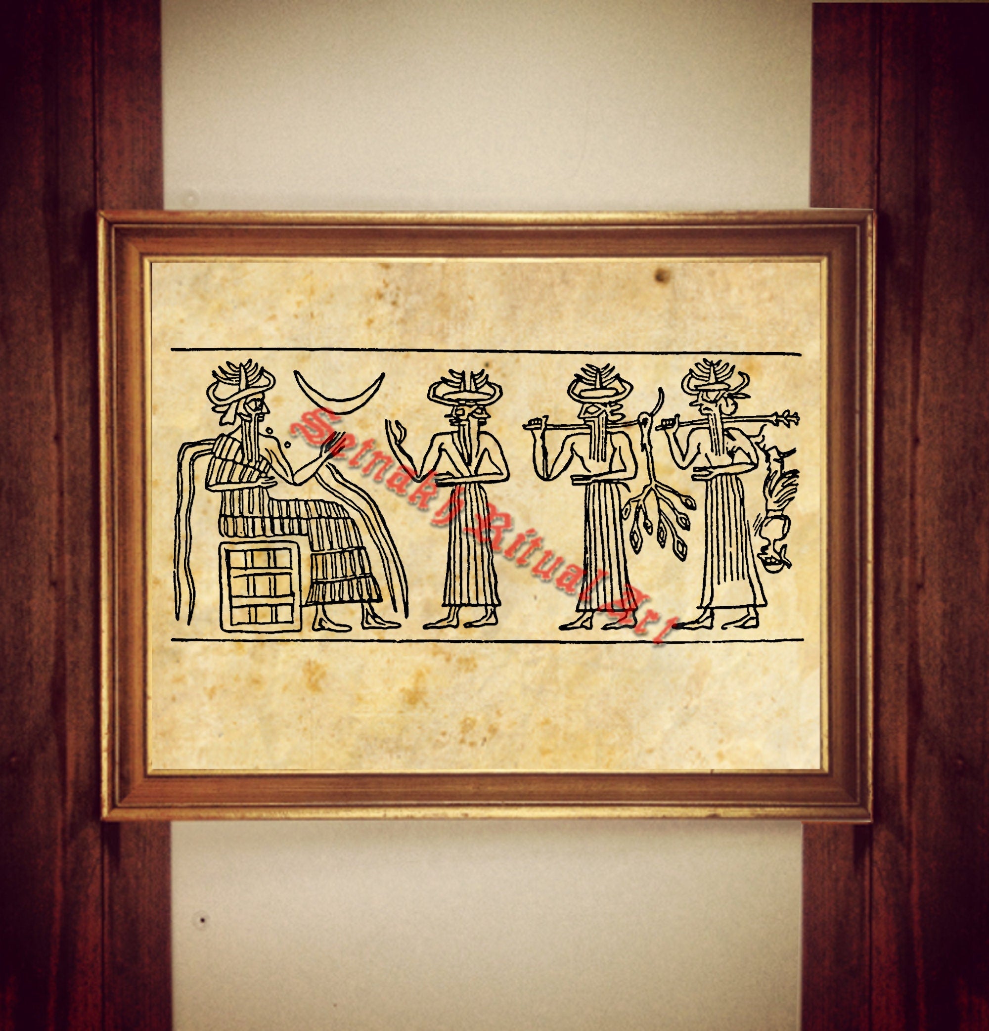 Ea (seated) and attendant deities, Sumerian cylinder seal print, sumerian god poster, babylonian gods art, ancient aliens, Annunaki  #518.5