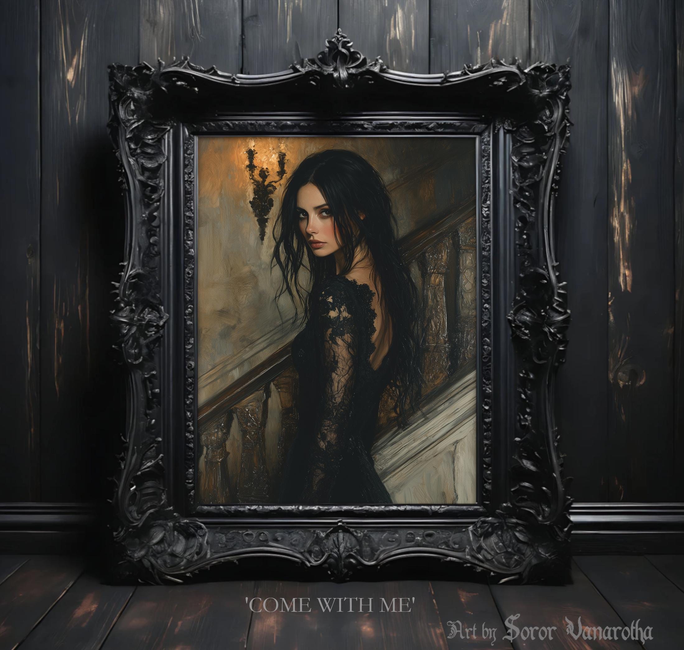 Come With Me Gothic Woman Print – Dark Mysterious Art Featuring Gothic Lady by Staircase for Gothic and Dark Atmosphere Lovers #SV30