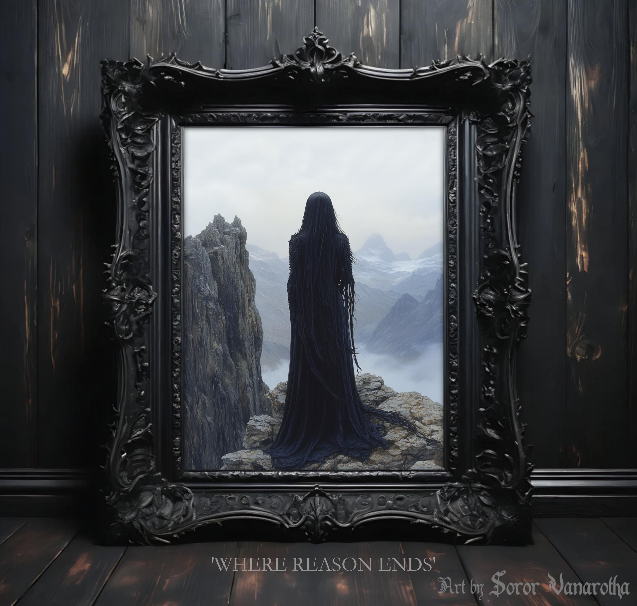 Gothic Art - Where Reason Ends Art Print - Woman Standing at Cliff Edge in Mountains, Surreal Landscape, Emotional Wall Decor, #SV4
