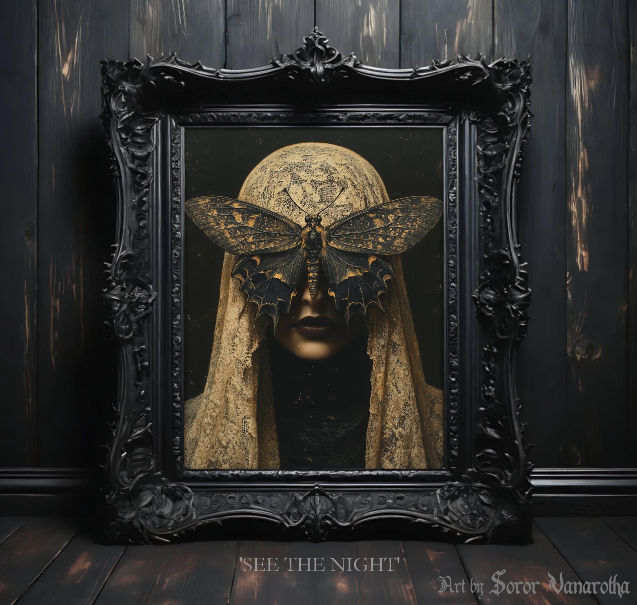 See the Night Art Print - Woman with Moth Covering Eyes, Dark Surreal Art, Gothic Wall Decor, Mysterious Fine Art Print&quot; #SV16
