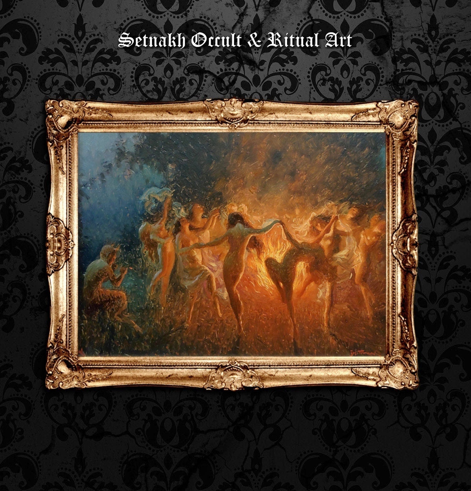 Nude nymphs dancing to Pan's flute around the fire. Witch print, witchcraft art, witchy poster, wiccan home decor, pagan artprint #W97