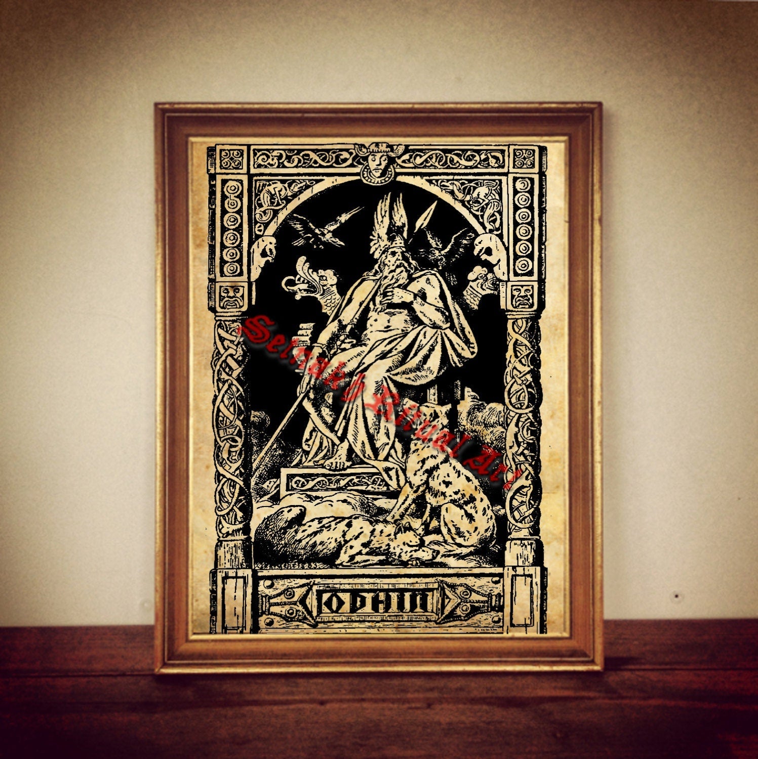 Viking Art - Odin with his wolves Geri and Freki, Antiqued print, Norse Wall Art print, Scandinavian Home Decor, Nordic Mythology #243