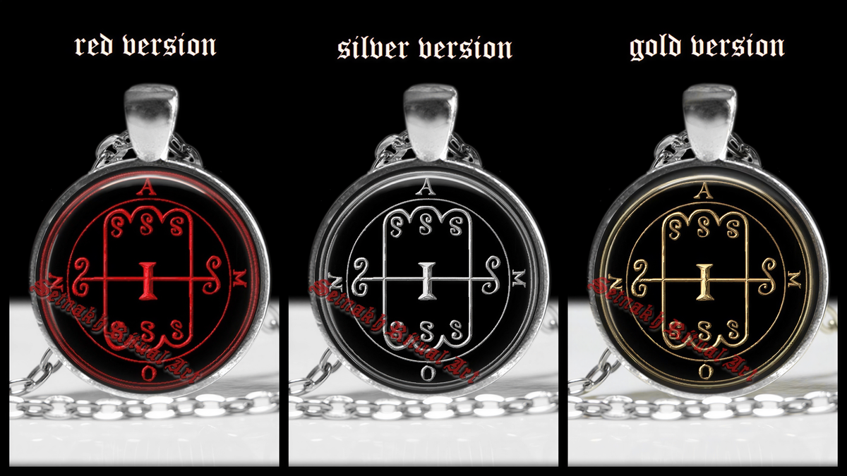 three pendant necklaces with different versions of the same design, each in a different color: red, silver, and gold.