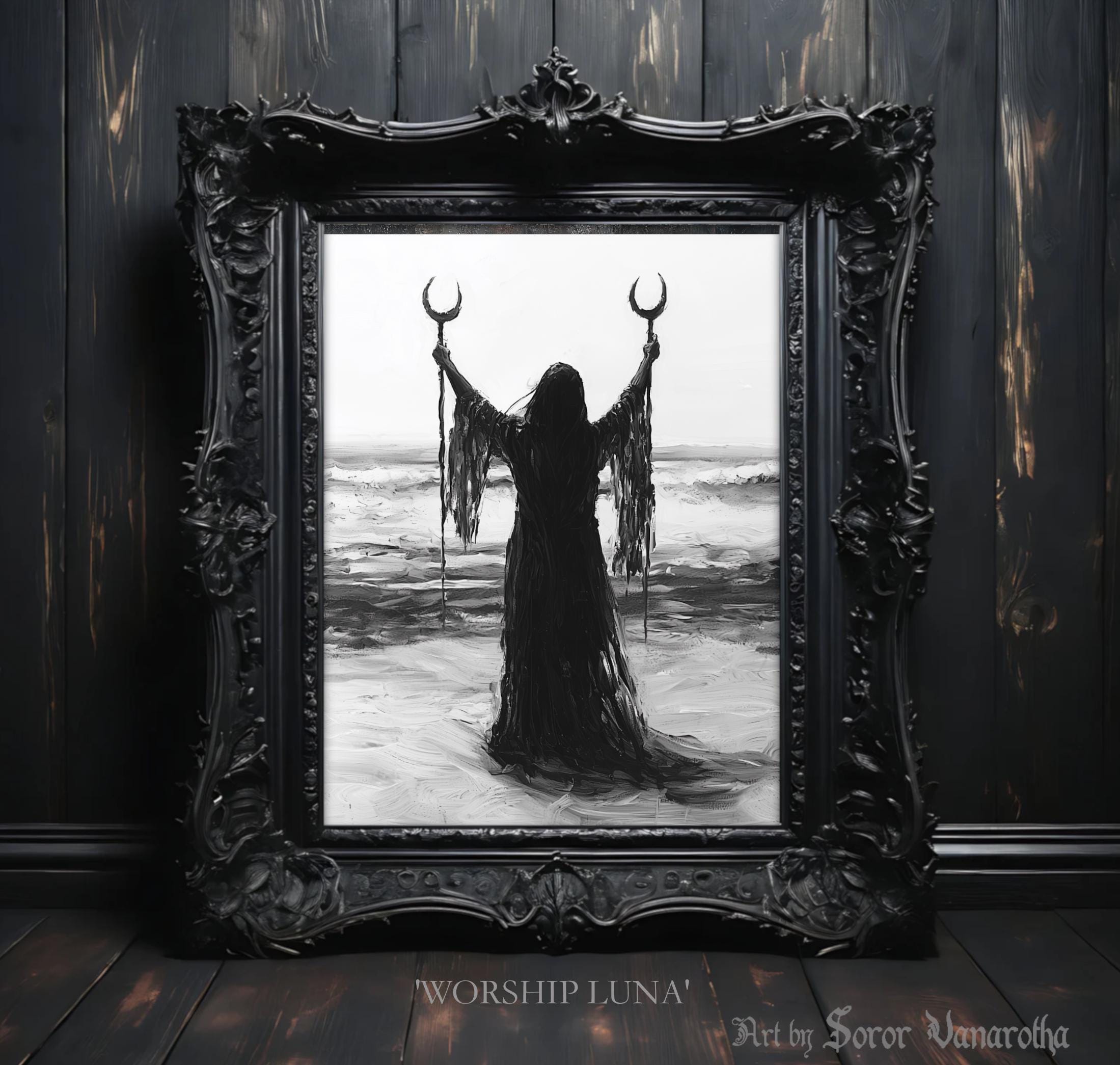 Worship Luna Art Print - Moon Priestess on Beach, Mystical Goddess Wall Art, Ethereal Fantasy Decor, Lunar Priestess Fine Art Print SV23