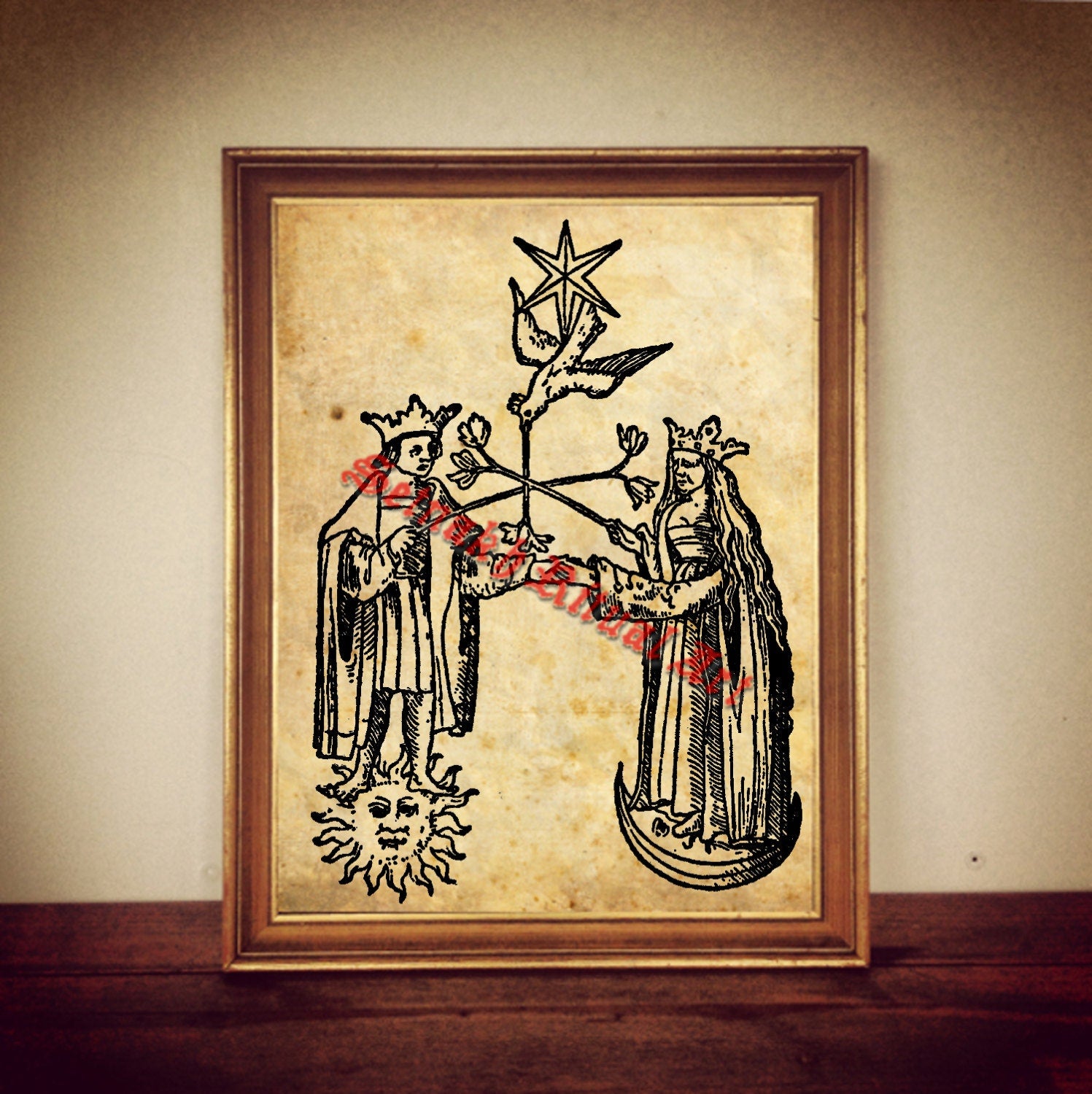 227# Alchemical print, sacred marriage, sun and moon, alchemical illustration, poster, occult print, magick, alchemy