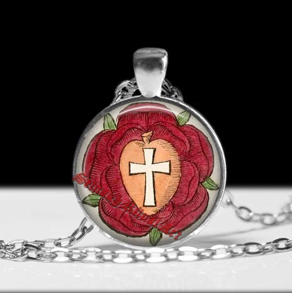 Rosicrucian rose pendant, cross necklace, occult jewelry, ritual lamen, magic talisman #257