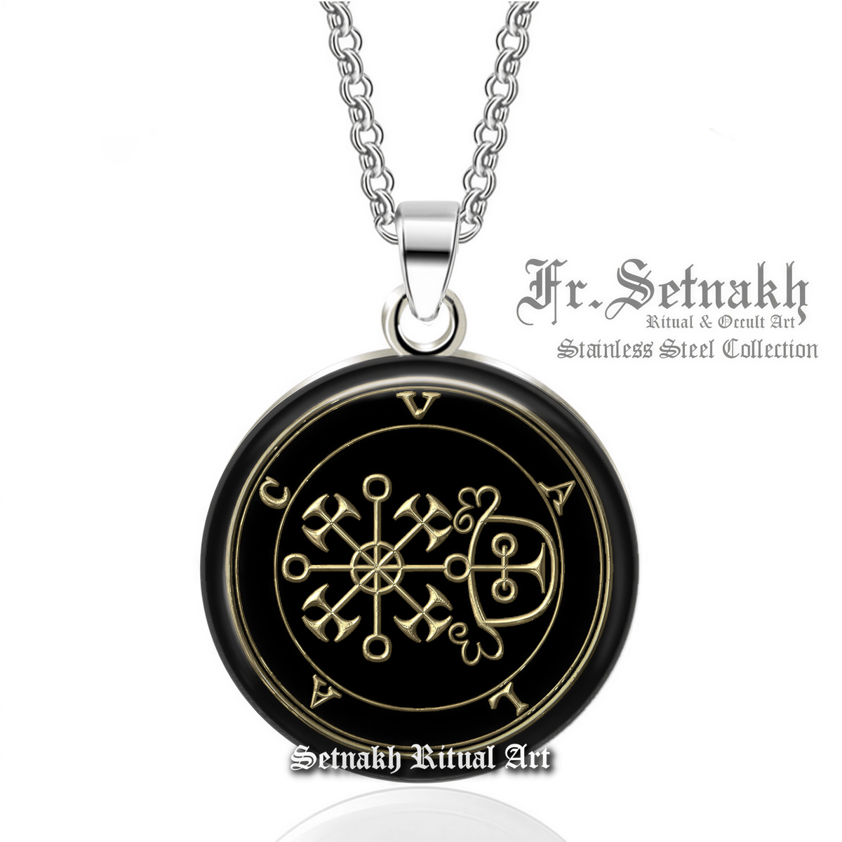 A pendant necklace with a circular black and gold design featuring a symbol or emblem.